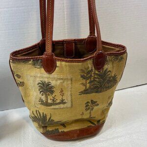 VTG Tommy Bahama Palm Print Tapestry Leather Trim Bucket Shoulder Bag Tote